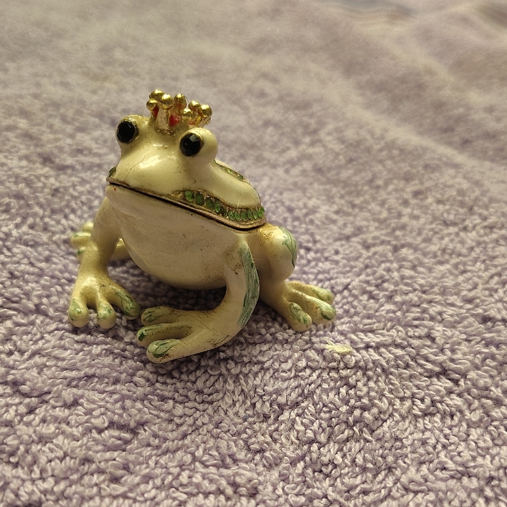 White Frog Trinket Box with Gold Crown